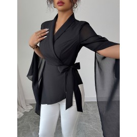 Women's French-Style Asymmetric Blouse - Chiffon Semi-Sheer Shirt Jacket with Short Sleeve, Machine Washable Elegant Tops for Spring/Fall Layering (Solid Color) - Wardrobe Essential for Dresses & Jeans