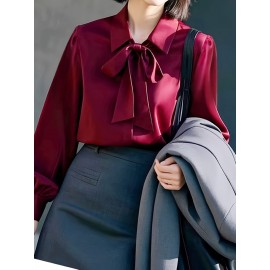 [Burgundy Satin Blouse] Long Sleeve Women's Elegant Burgundy Satin Blouse | Non-Sheer Polyester, 173gsm, Bow Tie Detail, Perfect for Spring/Autumn Office or Formal Wear
