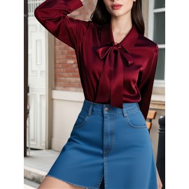 [Burgundy Satin Blouse] Long Sleeve Women's Elegant Burgundy Satin Blouse | Non-Sheer Polyester, 173gsm, Bow Tie Detail, Perfect for Spring/Autumn Office or Formal Wear