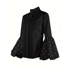 Pearl Detail Chic High Neck Long Sleeve Shirt - Polyester-Spandex Blend, Solid Color, Regular Fit, Woven Fabric, Ideal for Spring/Fall - Women'S Fashion