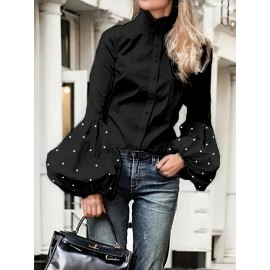 Pearl Detail Chic High Neck Long Sleeve Shirt - Polyester-Spandex Blend, Solid Color, Regular Fit, Woven Fabric, Ideal for Spring/Fall - Women'S Fashion