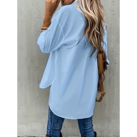 [Casual Button-Up Shirt] Relaxed Fit Women's Casual Long Sleeve Button-Up Shirt | Solid Color, 3/4 Sleeve Design with Chest Pocket, Versatile All-Season Top for Casual Attire