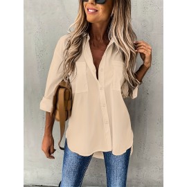 [Casual Button-Up Shirt] Relaxed Fit Women's Casual Long Sleeve Button-Up Shirt | Solid Color, 3/4 Sleeve Design with Chest Pocket, Versatile All-Season Top for Casual Attire