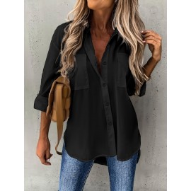 [Casual Button-Up Shirt] Relaxed Fit Women's Casual Long Sleeve Button-Up Shirt | Solid Color, 3/4 Sleeve Design with Chest Pocket, Versatile All-Season Top for Casual Attire