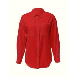 [Casual Button-Up Shirt] Relaxed Fit Women's Casual Long Sleeve Button-Up Shirt | Solid Color, 3/4 Sleeve Design with Chest Pocket, Versatile All-Season Top for Casual Attire
