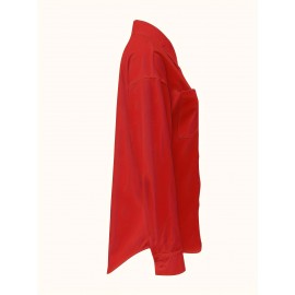 [Casual Button-Up Shirt] Relaxed Fit Women's Casual Long Sleeve Button-Up Shirt | Solid Color, 3/4 Sleeve Design with Chest Pocket, Versatile All-Season Top for Casual Attire