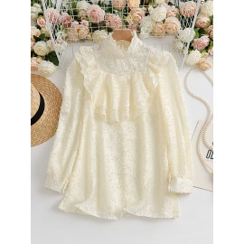 Mock Neck Ruffle Decor Blouse, Chic Long Sleeve Textured Blouse For Spring & Fall, Women's Clothing