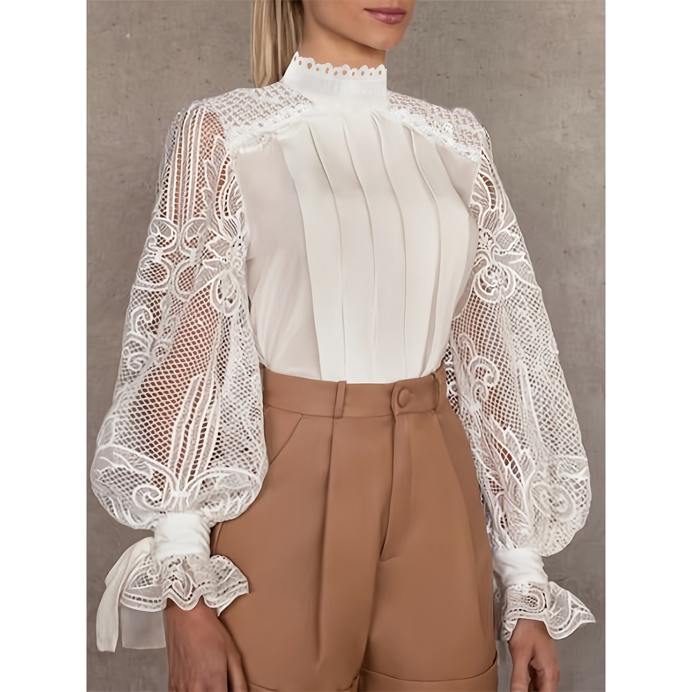 Women'S Elegant Lace-Trimmed Blouse with Puff Sleeves & High Neck - Chic White & Beige Contrast Design, Perfect for Spring/Summer/Fall, Versatile Fashion Top, Spring Summer Fashion, Sophisticated Style, Intricate Lace Detailing