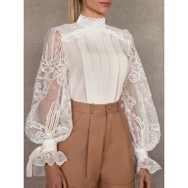 Women'S Elegant Lace-Trimmed Blouse with Puff Sleeves & High Neck - Chic White & Beige Contrast Design, Perfect for Spring/Summer/Fall, Versatile Fashion Top, Spring Summer Fashion, Sophisticated Style, Intricate Lace Detailing