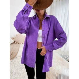 1pc Elegant Solid Color Corduroy Drop Shoulder Long Sleeve Shirt for Women, Polyester, Button-Up Front, Spring/Autumn Season, Adult Casual Loose Fit Top