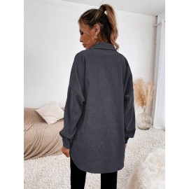 1pc Elegant Solid Color Corduroy Drop Shoulder Long Sleeve Shirt for Women, Polyester, Button-Up Front, Spring/Autumn Season, Adult Casual Loose Fit Top