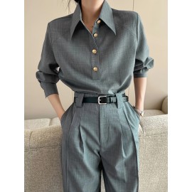 [Structured Collar] Structured Collar Blouse Women's | Long Sleeve Wrinkle-Resistant Shirt Jacket-like Top, Solid Grey with Buttons, Tailored Casual & Professional Wear for Office, Semi-Formal Events, Machine Washable Spring/Fall Outerwear