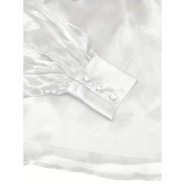 [Laceup Detailing Retro Fashion] Vintage Elegant Women's Blouse - Long Sleeve High Neck Shirt with Tie-Front Detail, All-Season Formal & Everyday Blouse for Office, Parties, Casual Outfits - Women's Clothing, Party Attire, Laceup Detailing, Office Attire, Retro Fashion