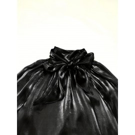 [Laceup Detailing Retro Fashion] Vintage Elegant Women's Blouse - Long Sleeve High Neck Shirt with Tie-Front Detail, All-Season Formal & Everyday Blouse for Office, Parties, Casual Outfits - Women's Clothing, Party Attire, Laceup Detailing, Office Attire, Retro Fashion