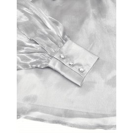 [Laceup Detailing Retro Fashion] Vintage Elegant Women's Blouse - Long Sleeve High Neck Shirt with Tie-Front Detail, All-Season Formal & Everyday Blouse for Office, Parties, Casual Outfits - Women's Clothing, Party Attire, Laceup Detailing, Office Attire, Retro Fashion