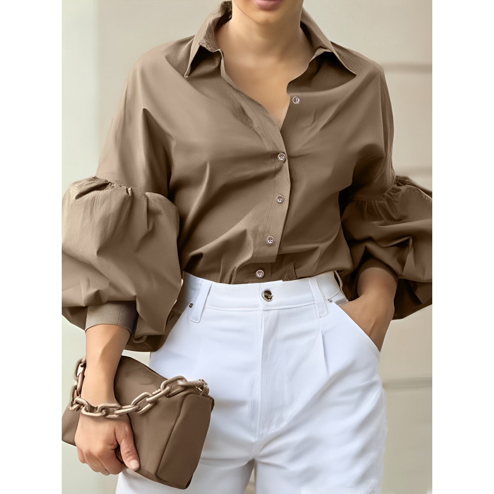 [Women's Elegant Blouse (ZD301)] Women's Elegant Solid Color Brown Puffed Sleeve Lapel Collar Blouse - Single-Breasted H-Line Regular Fit Shirt, Machine Washable All-Season Versatile Top for Casual & Formal Occasions (ZD301)