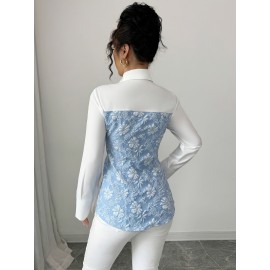 Women'S Elegant Mint Green & White Floral-like Collar Blouse - Slim-Fit Tailored Long Sleeve Shirt Jacket, Machine Washable All-Season Professional & Casual Wear, Structured Button-Front Jacket