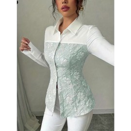 Women'S Elegant Mint Green & White Floral-like Collar Blouse - Slim-Fit Tailored Long Sleeve Shirt Jacket, Machine Washable All-Season Professional & Casual Wear, Structured Button-Front Jacket
