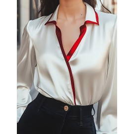 Women'S Elegant V-Neck Blouse with Red Trim - Long Sleeve, Button-Up Shirt in White & Red, Perfect for Spring/Fall, Stylish Office or Casual Wear, Ladies Blouses, White Satin Blouse For Women Elegant