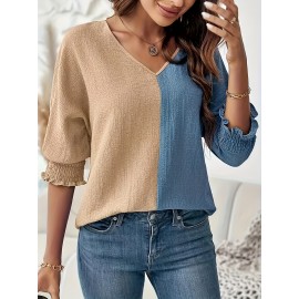 Elegant Color Block V-Neck Blouse for Women - Breathable Polyester, Machine Washable - Perfect for Spring/Summer/Fall