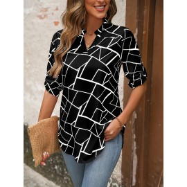 1pc Elegant Women'S Geometric-Patterned V-Neck Half Sleeve Shirt - Polyester Woven Pullover with Regular Fit for Spring/Summer/Fall