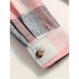 Women's Casual Long Sleeve Gingham Shirt - 100% Polyester Lapel Collar Blouse with Pockets, Regular Fit Plaid Button-Up for Fall/Winter