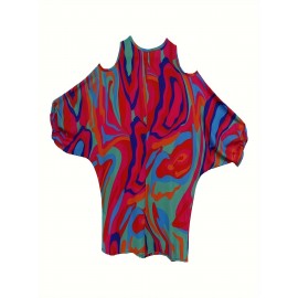 Ladies' printed off shoulder V-neck zipper lantern top T-shirt