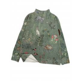 [3D Print Forest Sweater] Women's 3D All-Over Print Forest Sweater - Oversized H-Line Silhouette, High Neck Long Sleeves, Green Pullover with Foxes Rabbits Birds Mushrooms - All-Season Casual Semi-Formal Wear