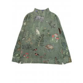 [3D Print Forest Sweater] Women's 3D All-Over Print Forest Sweater - Oversized H-Line Silhouette, High Neck Long Sleeves, Green Pullover with Foxes Rabbits Birds Mushrooms - All-Season Casual Semi-Formal Wear
