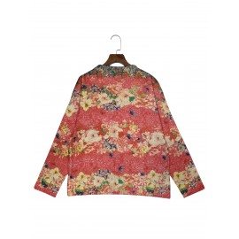 Women'S Vibrant Floral Print Cardigan - 3D All-Over Design, Button-Up Front, Long Sleeves, Lightweight & Breathable for Spring/Fall, White Ribbed Top Underneath, Casual Chic Style, Spring Outerwear | Vibrant Cardigan | Texture