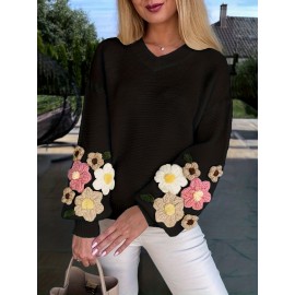 V-Neck Color Block Three-Dimensional Lantern Sleeve Versatile Pullover Top