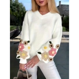 V-Neck Color Block Three-Dimensional Lantern Sleeve Versatile Pullover Top