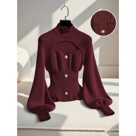 Women's Burgundy Slim-Fit Winter Sweater Jacket - Elegant High Neck Collar with Button Front, Tummy Control, Wrinkle-Resistant Long Sleeve Blazer for Office, Party & Cold Weather (Hand Wash/Dry Clean)