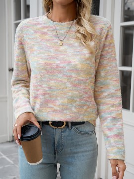Women's Rainbow Striped Sweater - Pastel Color Block Design, Soft Round Neck Pullover, Hand Washable All-Season Casual Top, Cute Sweaters, Durable Fabric