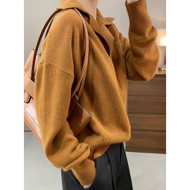 Women'S Elegant Brown Cardigan - Soft Pullover Sweater with Collar, Loose Fit Long Sleeve Top for Fall/Winter, All-Season Layering Essential, Casual Chic Style, Sweater Cardigan