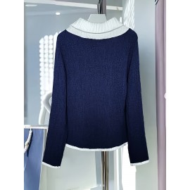 [Women's Navy Blue Sweater] Elegant Fake Two-Piece Sweater for Women | Navy Blue, Waist Accent, Soft Chic, Office & Party Outfits, Machine Washable, Winter, Seasonal Wardrobe Staple, Asymmetrical Detailing, Comfortable Fit, Fashionforward Top, Trendy