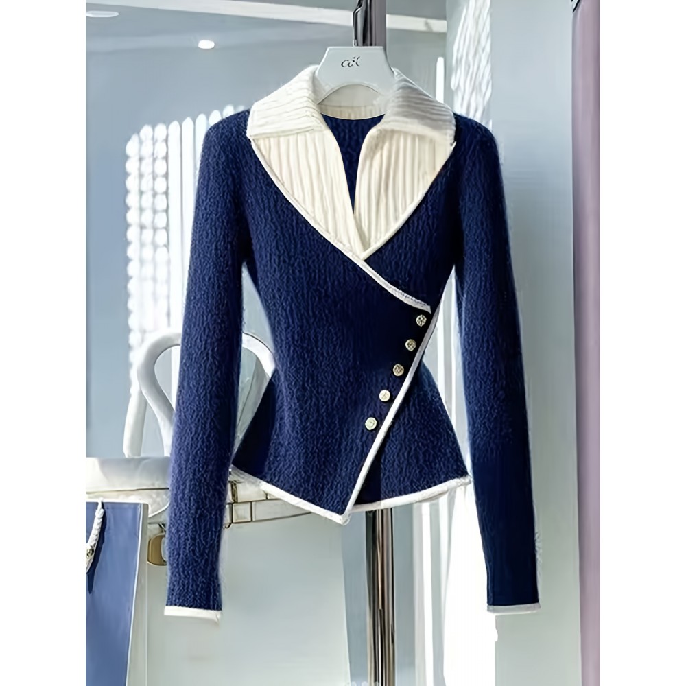 [Women's Navy Blue Sweater] Elegant Fake Two-Piece Sweater for Women | Navy Blue, Waist Accent, Soft Chic, Office & Party Outfits, Machine Washable, Winter, Seasonal Wardrobe Staple, Asymmetrical Detailing, Comfortable Fit, Fashionforward Top, Trendy