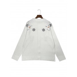 [Winter Sweater] Cozy White 3D Printed Snowman & Snowflake Sweater | Winter Cardigan with Buttons, All-Over Winter Design, Perfect for Young Fashionistas