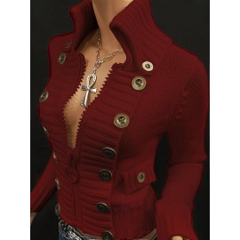 Multi-button decorated large zipper stand-up collar slim-fit cardigan