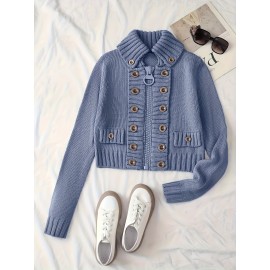 Multi-button decorated large zipper stand-up collar slim-fit cardigan