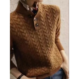 Women's Elegant Cable Sweater - Long Sleeve Pullover Sweater with Stand-Up Collar & Front Button Closure, Chic Fall Winter Sweater for Office, Party, Everyday Outfits - Women's Sweater Clothing, Office Wear, Classic Knitwear, Cozy Fabric, Working Professionals