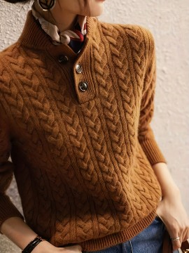 Women's Elegant Cable Sweater - Long Sleeve Pullover Sweater with Stand-Up Collar & Front Button Closure, Chic Fall Winter Sweater for Office, Party, Everyday Outfits - Women's Sweater Clothing, Office Wear, Classic Knitwear, Cozy Fabric, Working Professionals