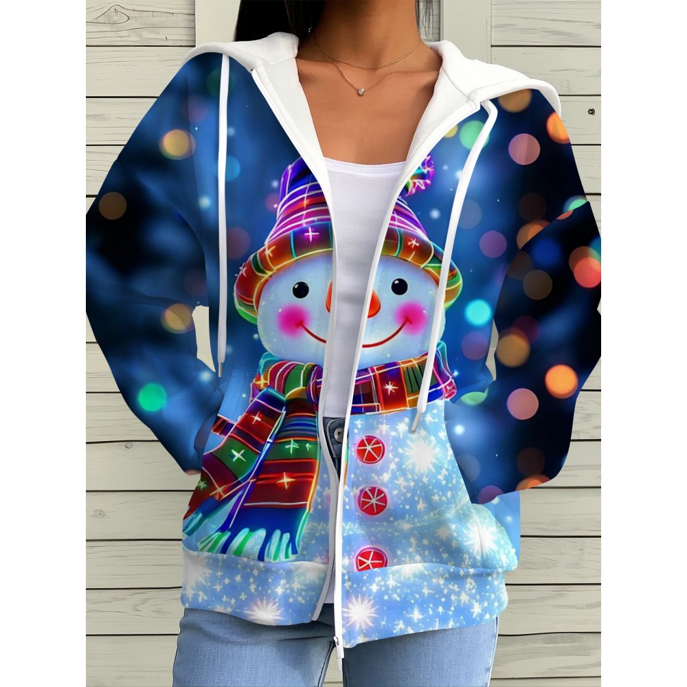Women'S 3D Printed Snowman & Snowflake Cardigan - Sparkling Winter Sweater Coat with Hooded Collar, Long Sleeve Slim-Fit Outerwear, Machine Washable Christmas Party Outfit, Cozy Casual Winter Jacket for Casual Attire & Holiday Events