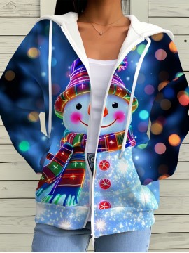 Women'S 3D Printed Snowman & Snowflake Cardigan - Sparkling Winter Sweater Coat with Hooded Collar, Long Sleeve Slim-Fit Outerwear, Machine Washable Christmas Party Outfit, Cozy Casual Winter Jacket for Casual Attire & Holiday Events