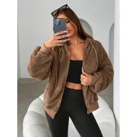 Plus Size Women's Winter Hooded Zip Jacket - Solid Color Sporty College Style Sweatcoat with Hood, Thick Warm Outerwear for Cold Weather, Gym, Skiing & Casual Attire (Machine Washable)