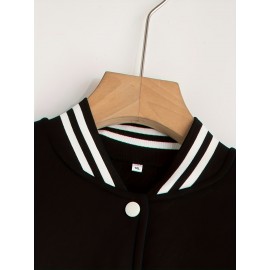 Women's Oversized Black & White Baseball Jacket with White Piping - Oversized Fit, Lettering & Number Design, Machine Washable Winter Warmth, Casual Sporty Outerwear with Baseball Collar & Full-Zip Closure, Black & White Color Block Jacket for Fall/Winter Layering (Casual to Formal Outfits) - Plus Size Available, Lettering & Number Patterns, Front Zipper Closure, Relaxed Fit for Women, Jacket For Women, Winter Coats For Women Plus Size, Plus Size Winter Coats For Women,