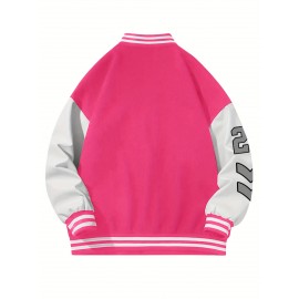 Women's Oversized Black & White Baseball Jacket with White Piping - Oversized Fit, Lettering & Number Design, Machine Washable Winter Warmth, Casual Sporty Outerwear with Baseball Collar & Full-Zip Closure, Black & White Color Block Jacket for Fall/Winter Layering (Casual to Formal Outfits) - Plus Size Available, Lettering & Number Patterns, Front Zipper Closure, Relaxed Fit for Women, Jacket For Women, Winter Coats For Women Plus Size, Plus Size Winter Coats For Women,