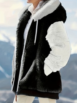 Women'S Plus Size Thick Plush Hooded Coat with Pockets - Solid Color Sporty Winter Jacket, Adjustable Drawstring Hood & Long Sleeves for Autumn & Winter, Cozy Casual Outerwear, Winter Jacket, Cold Weather Apparel, Durable Warmth