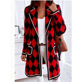 Plus-Size Women's Winter-Ready Houndstooth Jacket - & White Collar Coat with Button-Front Closure, Chest Pocket & Machine Washable - Casual to Professional Outerwear (Diamond Pattern) for, Office, or Casual Attire