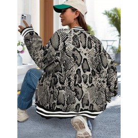 Women'S Snake Print Baseball Jacket Hoodie - Golden Reptile Scale Pattern, Long Sleeve Crewneck Winter Warmth, Regular Fit with Piping Trim & Medium-Stretch Fabric, Casual Outerwear for Everyday & Themed Events, Fall/Winter Layering Piece with Funct